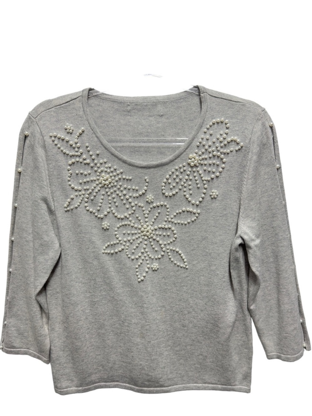 Pure Cotton Wool Knit Pearl Beaded Floral Knit Sweater